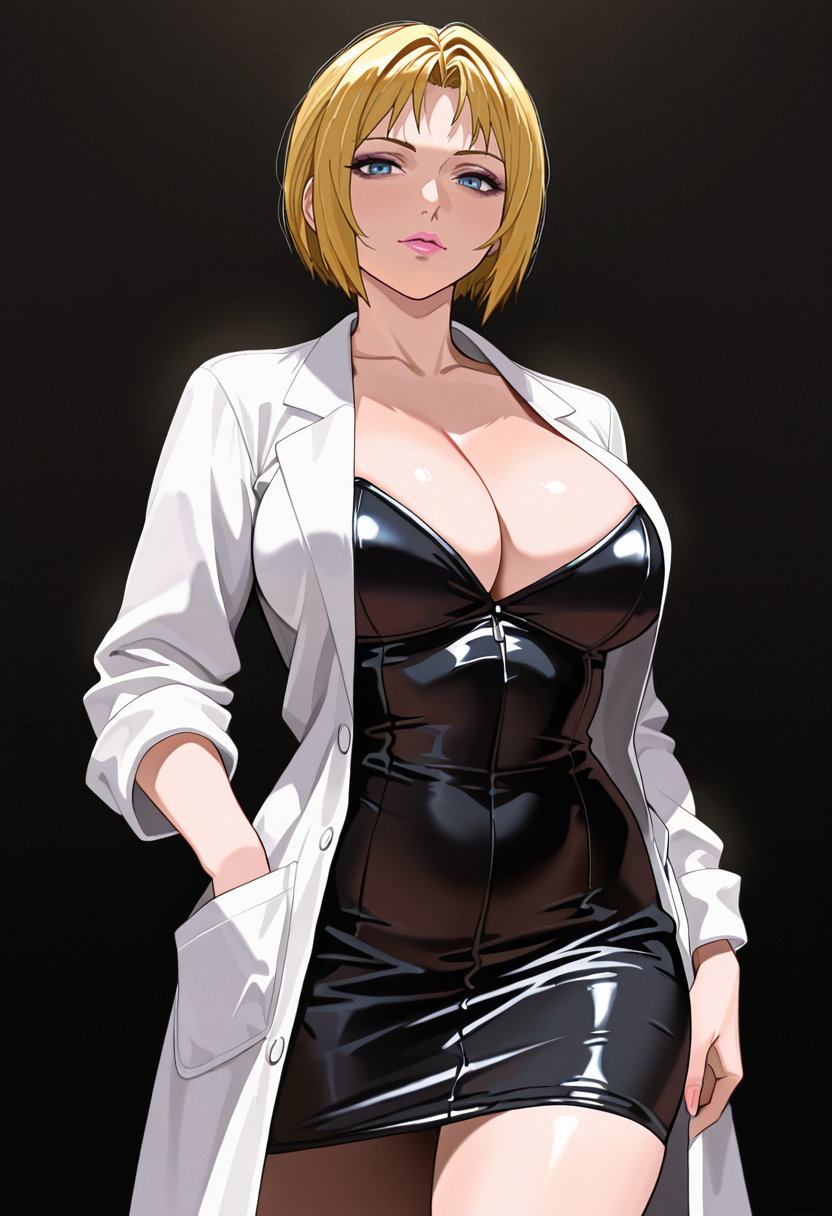 masterpiece, best quality,
1girl, solo,
standing, cowboy shot,
looking at viewer,
<lora:Reika_Kitami:1> R31k4K1t4m1, blonde hair, short hair, large breasts, blue eyes, mature female, lipstick, pink lips, makeup, 
cleavage, black dress, lab coat, 
simple background, black background,