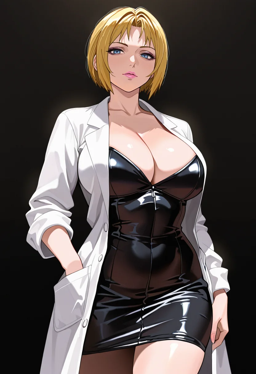 masterpiece, best quality,
1girl, solo,
standing, cowboy shot,
looking at viewer,
<lora:Reika_Kitami:1> R31k4K1t4m1, blonde hair, short hair, large breasts, blue eyes, mature female, lipstick, pink lips, makeup, 
cleavage, black dress, lab coat, 
simple background, black background,
