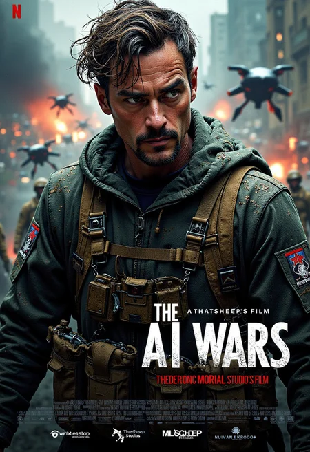 A dramatic movie poster depicting a shell shocked soldier during a future war. behind him various scenes of heroic moments and battle are depicted. The soldier wears a torn uniform and is covered in mud. His stubble is messy and unkept as is his hair. The title of the film is "The AI Wars" the subtext reads (("A ThatSheep Studio's Film")) the bottom of the poster has various movie credits and logos.