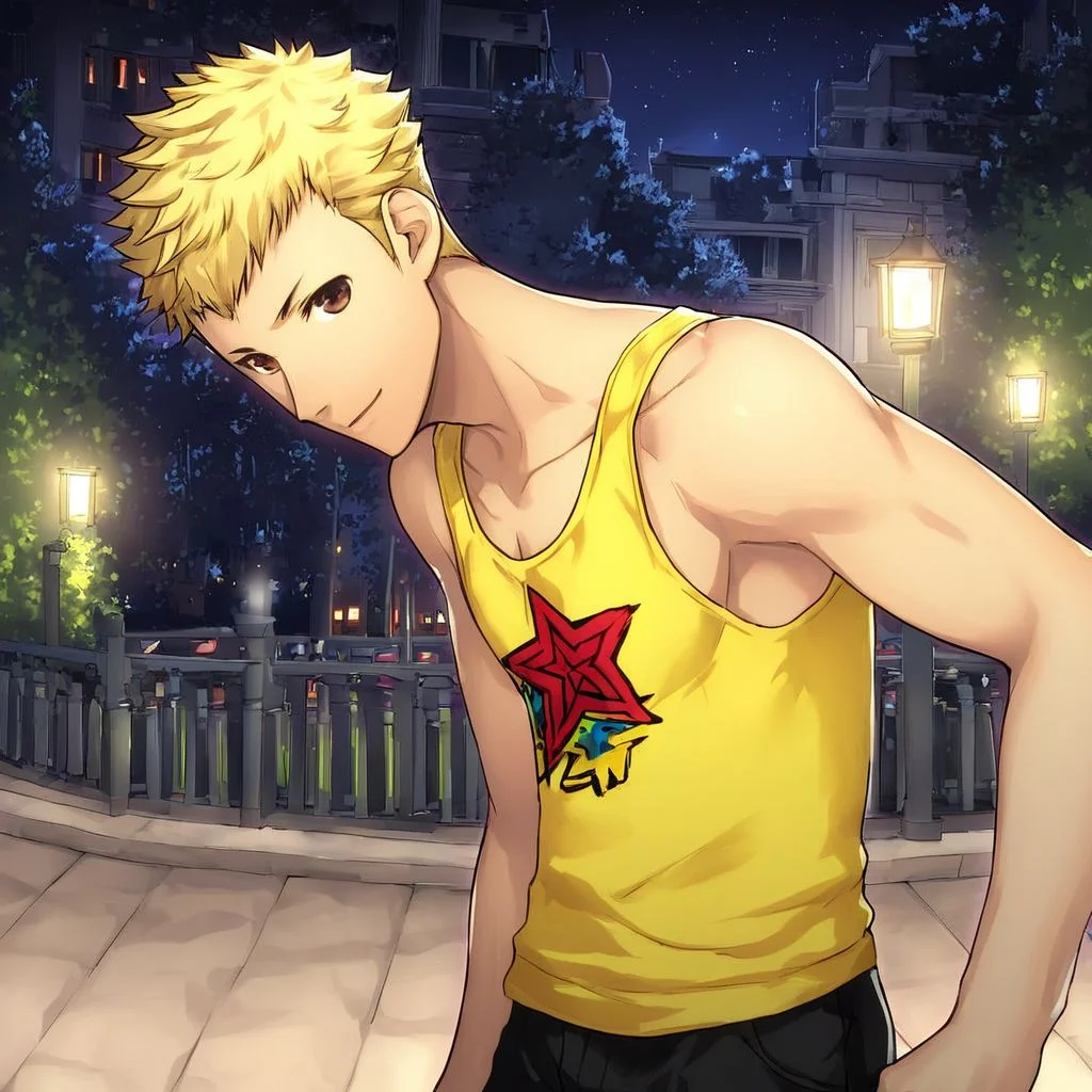 blonde hair, black shorts, loose yellow tank top, ryuji, brown eyes, tank top with a star on it, (((mature male))), (((solo))), ng_deepnegative_v1_75t, zoomed in, masterpiece, detailed anime background, detailed, in a park, night, half body