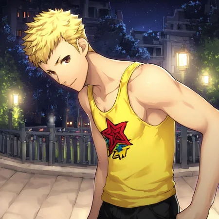 blonde hair, black shorts, loose yellow tank top, ryuji, brown eyes, tank top with a star on it, (((mature male))), (((solo))), ng_deepnegative_v1_75t, zoomed in, masterpiece, detailed anime background, detailed, in a park, night, half body