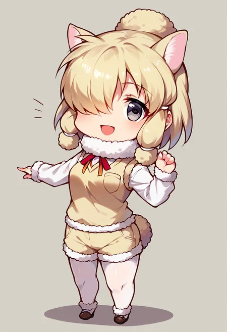 1girl, solo, best quality, ultra-detailed, extremely detailed, perfect anatomy, masterpiece, score_9, score_8_up, score_7_up, alpaca suri (kemono friends), alpaca ears, hair over one eye, bangs, blonde hair, grey eyes, sidelocks, hair tubes, hair bun, tail, short hair, horizontal pupils, fur scarf, white pantyhose, long sleeves, fur collar, fur trim, neck ribbon, white shirt, sweater vest, shorts, pantyhose, breast pocket, fur-trimmed sleeves, shoes, simple background, standing, open mouth smile, staring at viewer, cute, full body, dutch angle, posing, (Chibi:1.3)