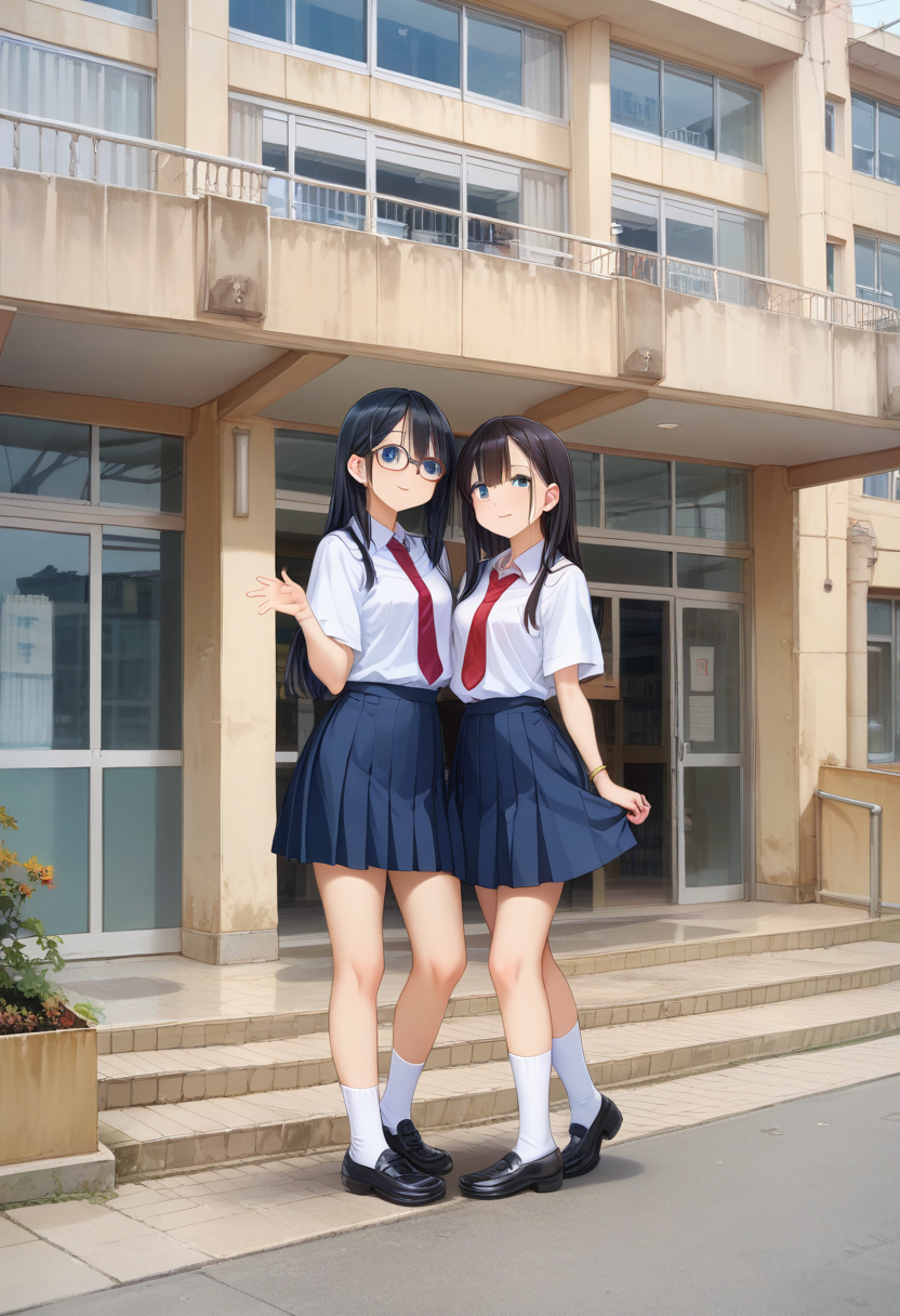 score_9, score_8_up, score_7_up, rating_safe, masterpiece, best quality, absurdres, unity 8k wallpaper, official art, official style, source_anime, uncensored, game cg, megami magazine,
multiple girls, glasses, black hair, long hair, blue eyes, collared shirt, red necktie, pleated skirt, blue skirt, socks, shoes, 
genkan, syoukouguchi, scenery, building, window, school, tree, japan, door, cityscape, city, sky, outdoors
 <lora:gakkou_syokoguchi_PONY_V1:1>