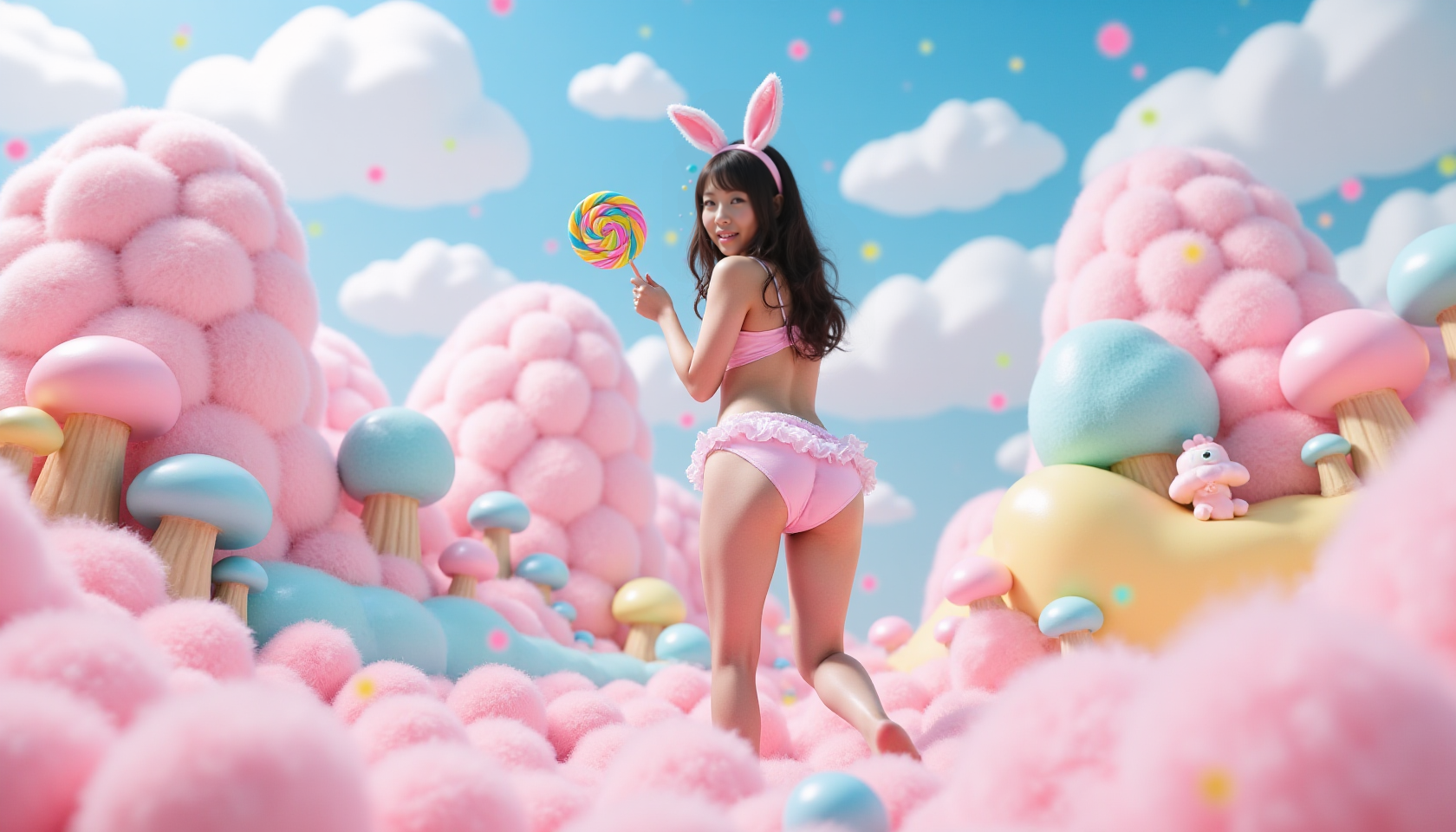 Create an enchanting fantasy landscape featuring a cheerful young asian woman in a pink bikini and a frilly skirt, playfully standing with her back to the viewer while holding a colorful swirl lollipop. She has long, wavy hair adorned with a headband that has cute, cookie-shaped bunny ears. The background is filled with oversized, fluffy pink cotton candy trees, vibrant candy mountains, and whimsical mushroom-shaped structures. Scattered throughout the scene are cheerful pastel-colored candies and playful cartoon character figurines, all under a bright blue sky dotted with fluffy clouds and colorful confetti-like elements falling gently. The overall atmosphere is sweet, playful, and vibrant, evoking a sense of fun and fantasy.
 <segment:yolo-face_yolov8m.pt,0.6,0.5//cid=1>
<segment:yolo-Eyeful_v2-Individual.pt,0.6,0.5//cid=2>
<segment:hair,0.6,0.5//cid=3>