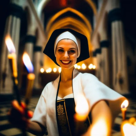 povdanc sexy nun in the cathedral, torches on the walls dance, darkness, bokeh<lora:povdanc:1>