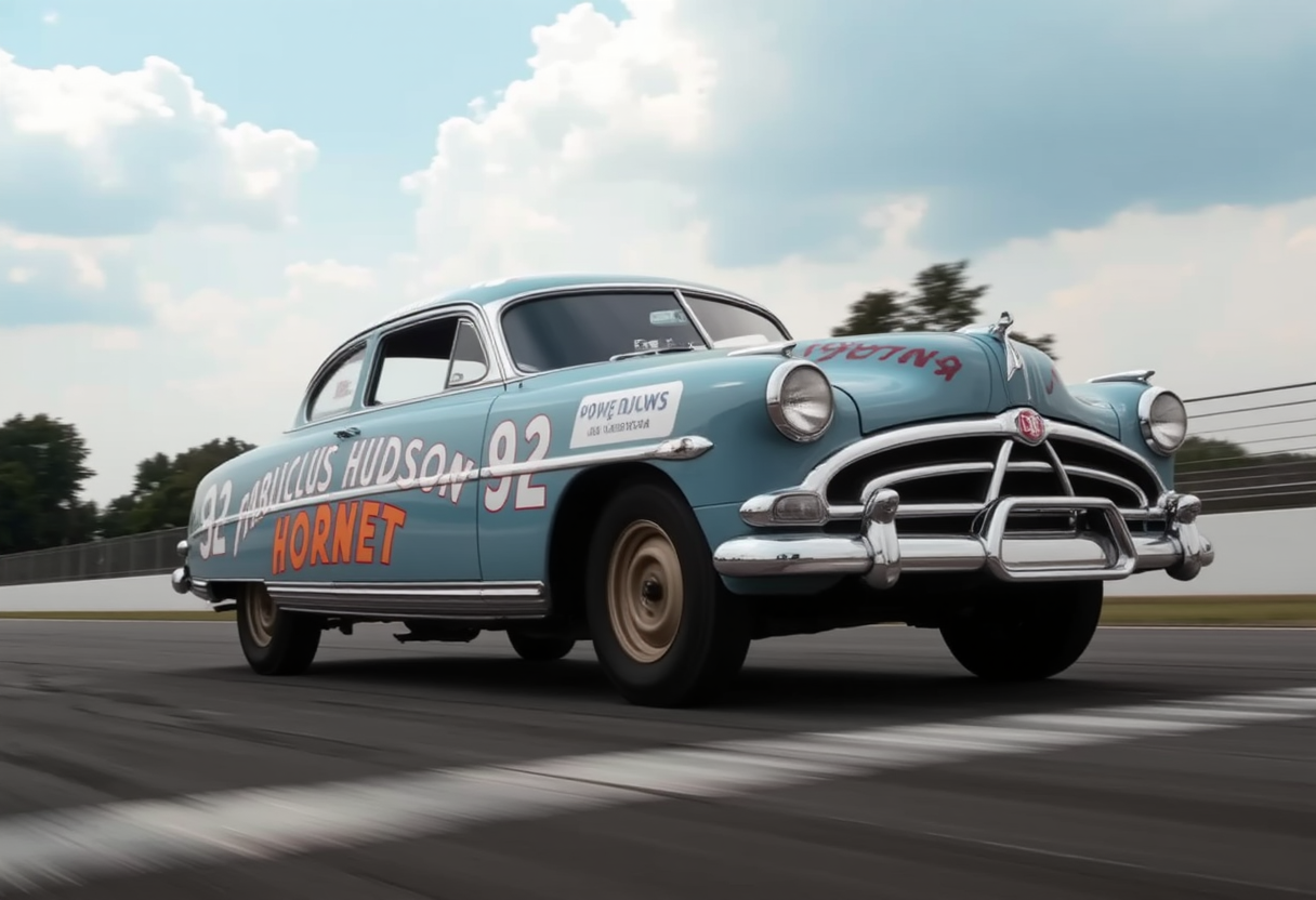 This is the Hudson Hornet, an American passenger car manufactured in 1951.Three-quarter view.low angle.racing around the circuit.The moment it crosses the finish line.finish line is blur..<lora:hudson-hornet:0.8>,