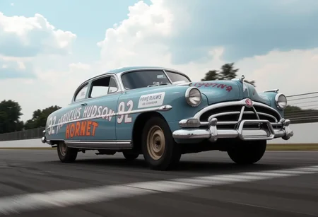 This is the Hudson Hornet, an American passenger car manufactured in 1951.Three-quarter view.low angle.racing around the circuit.The moment it crosses the finish line.finish line is blur..<lora:hudson-hornet:0.8>,