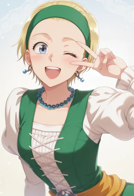 anime screencap, anime coloring,  <lora:DX888Serena:1> serena, blue eyes, blonde hair,short hair, hair slicked back BRAEK green hairband, earrings, dress, juliet sleeves, bead necklace, BREAK simple background,   simple background, lace background, BREAK   1girl, blush, leaning forward, solo,  v, open mouth, happy,  v over the eye, (upper body:1.2), one eye closed, teeth,