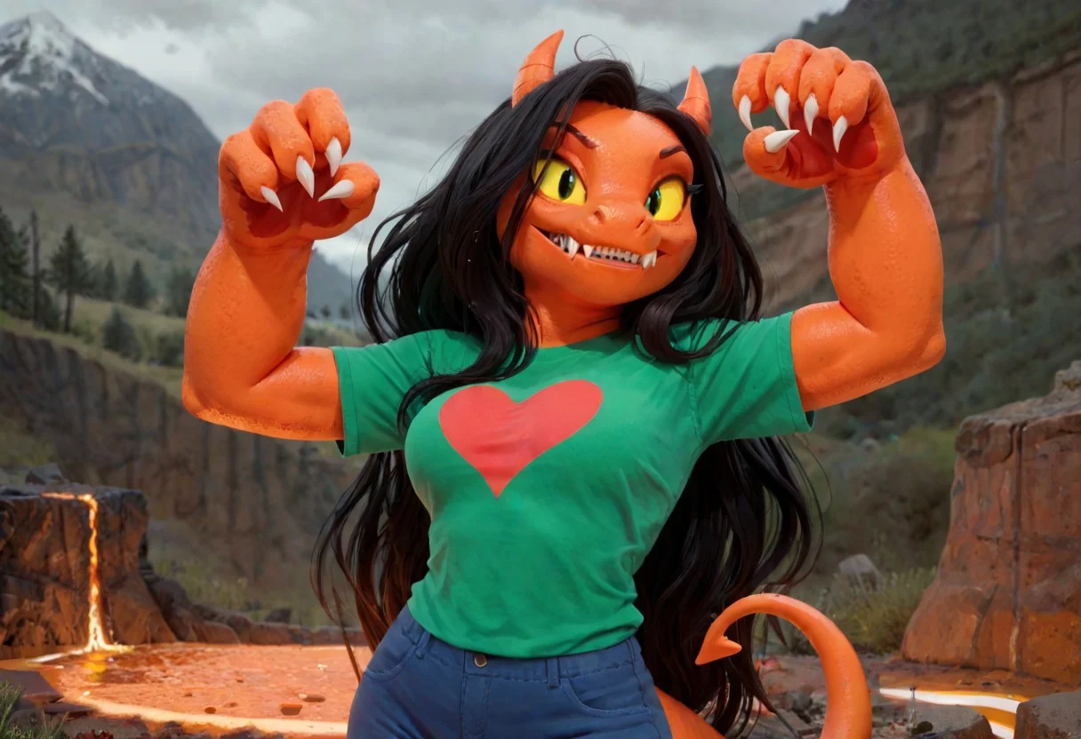 score_9, score_8_up, score_7_up, toony, zazie, 1girl, anthro female, demon girl, orange skin, black hair, long hair, horns, yellow sclera, medium breasts, big claws, medium height, green shirt, heart symbol, blue pants, mountains, lava, fangs, looking at viewer, wind on hair, paw pose