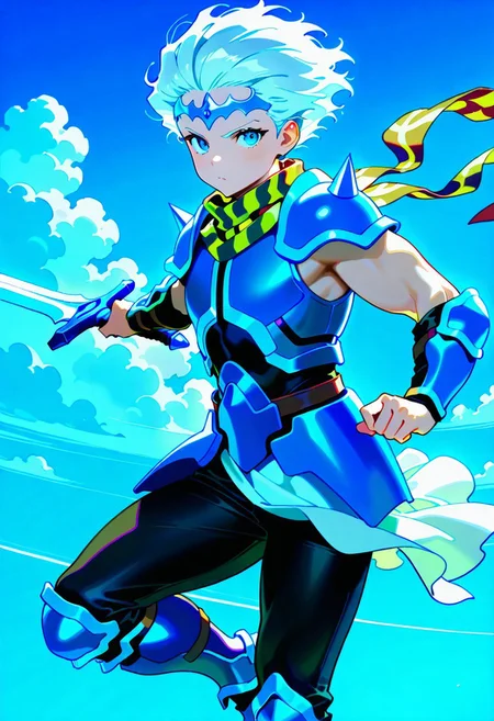 masterpiece, best quality, amazing quality, very aesthetic, absurdres, newest, ceodorff4tay, 1boy, short white hair, sleeveless, circlet, patterned scarf, spiked pauldrons, blue armor, blue vambraces, white loncloth, blue greaves, black pants, holding sword, action pose, looking at viewer, toned male, cloudy blue background, (((young adult)))