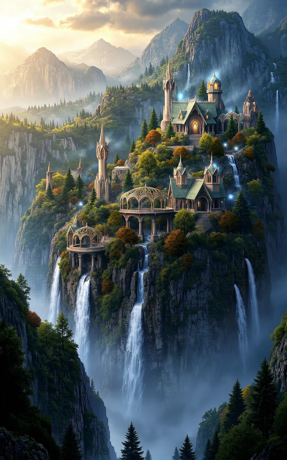 a magical elven city floating in the sky,with elegant crystal towers,glowing bridges of light,and cascading waterfalls falling into the clouds below,viewed at golden hour with soft sunlight filtering through,surrounded by floating isles with ancient runes,vivid style,fantasy architectural style,majestic and luminous.,<lora:aidmaMJ6.1_v0.5_3:0.6>,aidmaMJ6.1,<lora:klordoftherings-01:0.8>,klordoftherings,