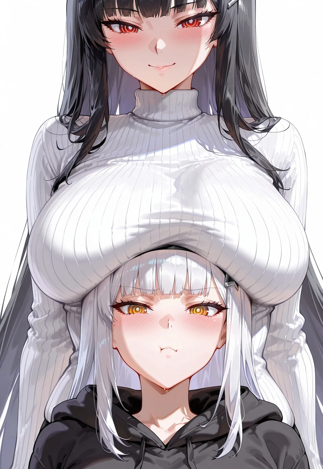 safe_pos, masterpiece, best quality, absurdres, 2girls, multiple girls, arms at sides, white background, simple background, sexy, detailed eyes, breast rest, breasts on head, rio resting her breasts on anothers head, looking at viewer breast envy,
r1o, black hair, very long hair, blunt bangs, red eyes, bright pupils, white pupils, ringed eyes, large breasts, hair ornament. white sweater, turtleneck, ribbed sweater, hands up, smile, half smile,
BREAK
blanc def, short height, solo, anime, matte, seductive, shiny skin, blush, white hair, long hair, bangs, sidelocks, blanc (nikke), medium breasts, hime cut, black eyelashes, tsurime, yellow eyes, black hoodie, pout