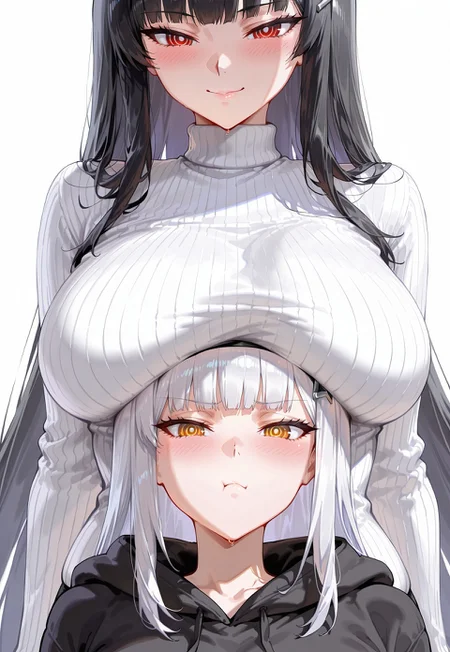 safe_pos, masterpiece, best quality, absurdres, 2girls, multiple girls, arms at sides, white background, simple background, sexy, detailed eyes, breast rest, breasts on head, rio resting her breasts on anothers head, looking at viewer breast envy,
r1o, black hair, very long hair, blunt bangs, red eyes, bright pupils, white pupils, ringed eyes, large breasts, hair ornament. white sweater, turtleneck, ribbed sweater, hands up, smile, half smile,
BREAK
blanc def, short height, solo, anime, matte, seductive, shiny skin, blush, white hair, long hair, bangs, sidelocks, blanc (nikke), medium breasts, hime cut, black eyelashes, tsurime, yellow eyes, black hoodie, pout