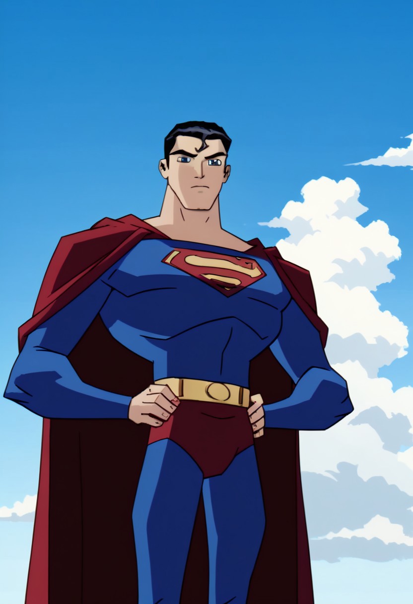 Score_9_up, score_8_up, score_7_up, best quality, highly detailed, ultra high quality, masterpiece, high res, P8nk_sty, bold outline, 1boy, solo, Superman, Super Black Hair, Blue Eyes, Red Cape, Blue Body Suit, Muscular, Muscular Male, Pectorals, Superhero, ((looking at viewer)), cowboy shot, outdoors, clouds, day, blue sky background, closed mouth, hands on hips