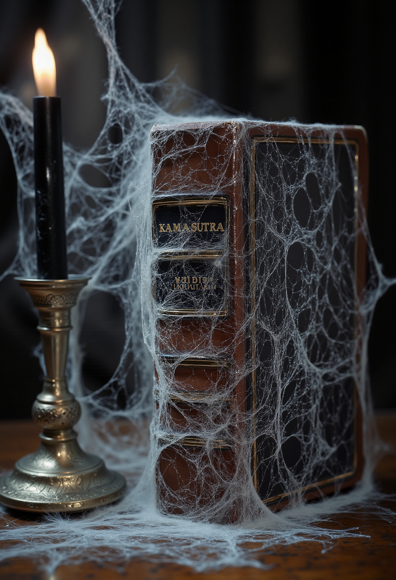 highly detailed still life of a book covered in spiderwebs, the book cover is very antique, with an old leather binding, a thick hardcover book, a book title is "KAMASUTRA" on the front side of the book. Beside book is a black lit candle too in a silver candlestick holder. We see the book from front, and the text is clearly visible for the viewer. The spiderweb is only on the inscription and around it, there is none elsewhere. The spiderweb is only absent from the inscription. The book is standing on the table, with its pages slightly open. 