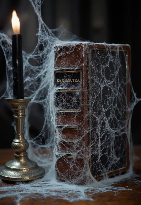 highly detailed still life of a book covered in spiderwebs, the book cover is very antique, with an old leather binding, a thick hardcover book, a book title is "KAMASUTRA" on the front side of the book. Beside book is a black lit candle too in a silver candlestick holder. We see the book from front, and the text is clearly visible for the viewer. The spiderweb is only on the inscription and around it, there is none elsewhere. The spiderweb is only absent from the inscription. The book is standing on the table, with its pages slightly open.