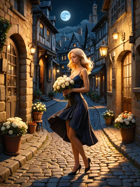 Imagine a charming, sunlit cobblestone street in a small, picturesque town, at the center of this idyllic scene is a woman with smooth blonde hair and smelling a bouquet and holding her skirt, moonlit midnight, a look of adoration, the background is filled with the quaint townâs unique nooks and crannies, hinting at the many adventures the pair share, the overall mood is warm, peaceful, the contrasts of super bright moonlight and dark shadows, CG, {4k|8k} HDR