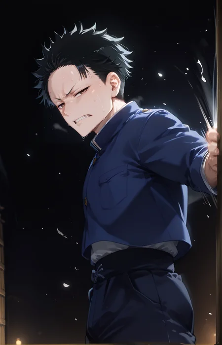 style of jujutsu kaisen,<lora:AIã¤ã©ã¹ããããã:0.6>,<lora:Anime_Screencap:1>,anime screencap,source_anime,score_9,score_8_up,score_7_up,score_6_up,dark theme,(dark background:1.2),low light,looking at viewer,dojo,
1boy,solo,<lora:age_slider_v4:1.2>,<lora:Wim:0.8>,blackhair,half-closed eyes,sarashi,(angry:0.8),black hakama pants,(abs:0.8),sweat,raised fists,fighting stance,(from side:0.8),motion blur,(legs apart:0.7),slim,