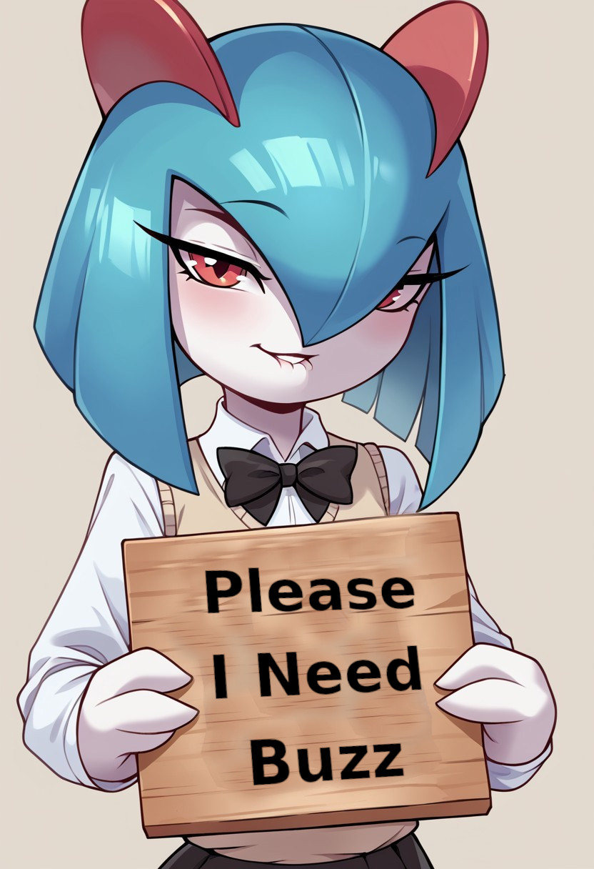 (((Kirlia))), female, furry, score_9,score_8_up,score_7_up,
 <lora:lil AndavaLyCO_v1.1:0.5>
1girl, (Kirlia), solo, cute, pretty, pale white skin, green eyes, blue hair, high pigtails, hair ties, looking at viewer, ((holding a blank sign between her hands)),
flirty, half closed eyes, biting lip, small breasts, white collared shirt, sweater vest, black bow tie, furry,