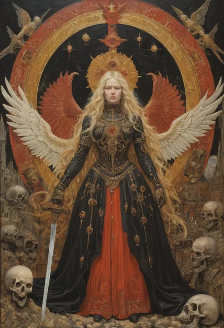 (art by Eduard Wilhelm Pose and Master of the Holy Blood and Ivan Bilibin:1.1), (sheltered atmosphere, aesthetic of hard - edge painting:0.1), symmetry and balance, pure black, detailed, but the carved in gold, FastNegativeV2, ral-dissolve,Completely (James Ensor,Unica Zurn,Zdzislaw Beksinki:1.25), Paranormal, Apparition, intricate, oil on canvas, (surrealism:1.1), detailed, FastNegativeV2, amazing quality, masterpiece, best quality, hyper detailed, ultra detailed, UHD, perfect anatomy, (Award winning, masterpiece), clouds, apocalypse, armageddon, fire angel girl, white wings, hot, petite, halo, blonde hair, long hair, black theme, red theme, upper body, face focus, portrait, sword