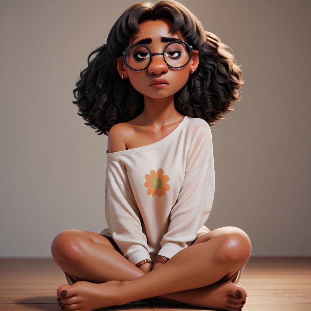 score_9, score_8_up, score_7_up, score_6_up, score_5_up, score_4_up, 1girl, priya, dark skin, sitting on the floor, barefoot, glasses , loose shirt, exposed shoulders