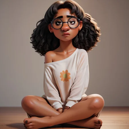 score_9, score_8_up, score_7_up, score_6_up, score_5_up, score_4_up, 1girl, priya, dark skin, sitting on the floor, barefoot, glasses , loose shirt, exposed shoulders