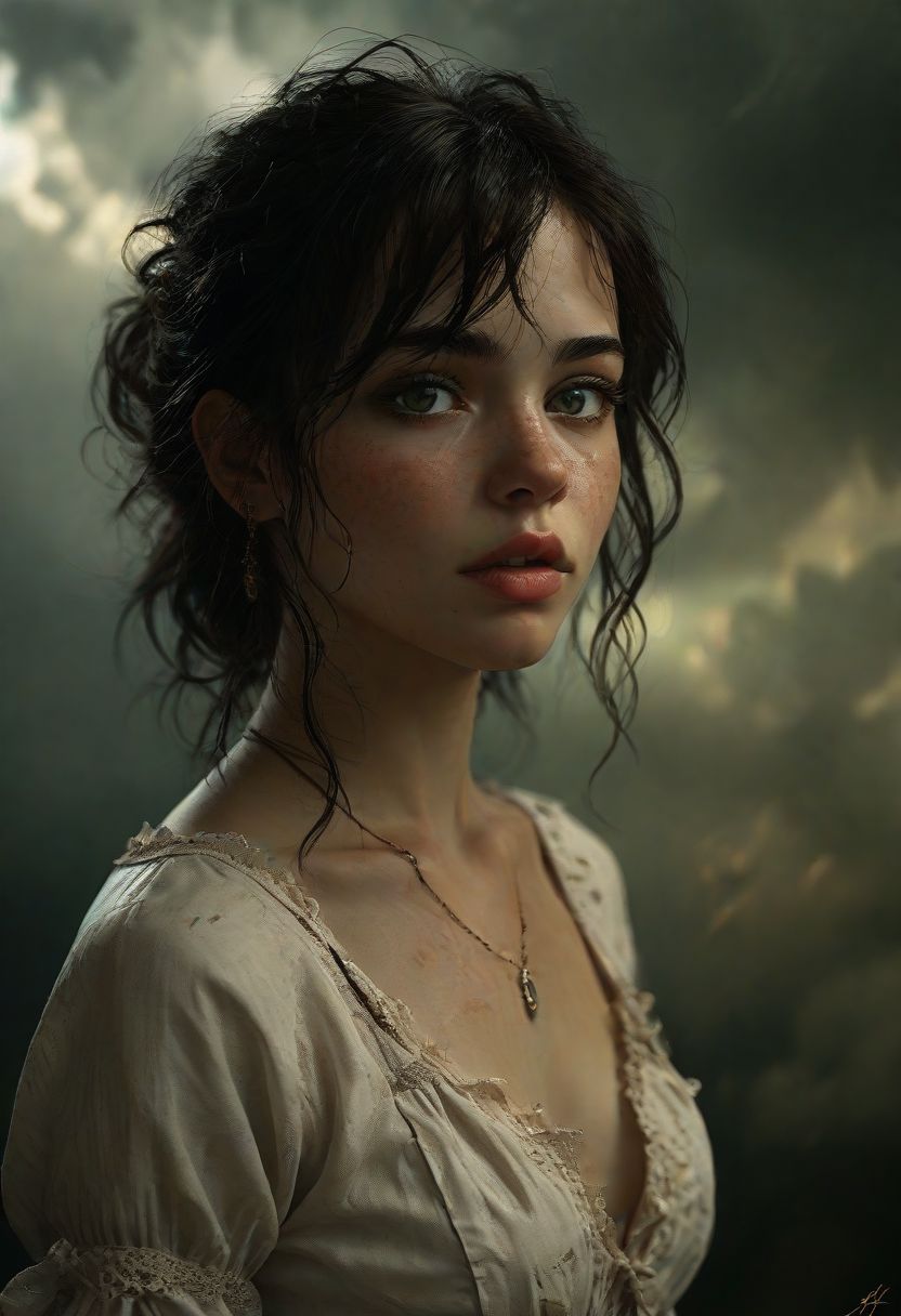Upper body photo, side view, dutch angle,portrait of a Spanish girl,  dark dreams, black hair, alluring, seductive, storm clouds, whimsical charm, ethereal glow, freckles, tack sharp focus on Green eyes, Masterpiece, intricate lines, intriguing atmosphere, sharp magnificent details, delicate features, elaborate details, (2\3 rule composition:0.5), award winning illustration by Heather Theurer and Luis Royo, volumetric lighting, eye contact with viewer <lora:add-detail-xl:1>  <lora:MJ52:0.5>  <lora:sdxl_lightning_8step_lora:1>