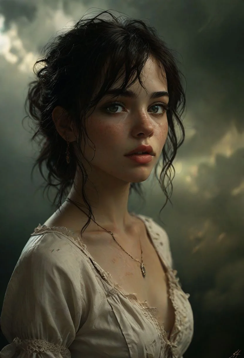 Upper body photo, side view, dutch angle,portrait of a Spanish girl, dark dreams, black hair, alluring, seductive, storm clouds, whimsical charm, ethereal glow, freckles, tack sharp focus on Green eyes, Masterpiece, intricate lines, intriguing atmosphere, sharp magnificent details, delicate features, elaborate details, (2\3 rule composition:0.5), award winning illustration by Heather Theurer and Luis Royo, volumetric lighting, eye contact with viewer <lora:add-detail-xl:1> <lora:MJ52:0.5> <lora:sdxl_lightning_8step_lora:1>