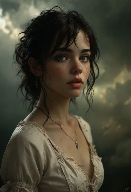 Upper body photo, side view, dutch angle,portrait of a Spanish girl,  dark dreams, black hair, alluring, seductive, storm clouds, whimsical charm, ethereal glow, freckles, tack sharp focus on Green eyes, Masterpiece, intricate lines, intriguing atmosphere, sharp magnificent details, delicate features, elaborate details, (2\3 rule composition:0.5), award winning illustration by Heather Theurer and Luis Royo, volumetric lighting, eye contact with viewer <lora:add-detail-xl:1>  <lora:MJ52:0.5>  <lora:sdxl_lightning_8step_lora:1>