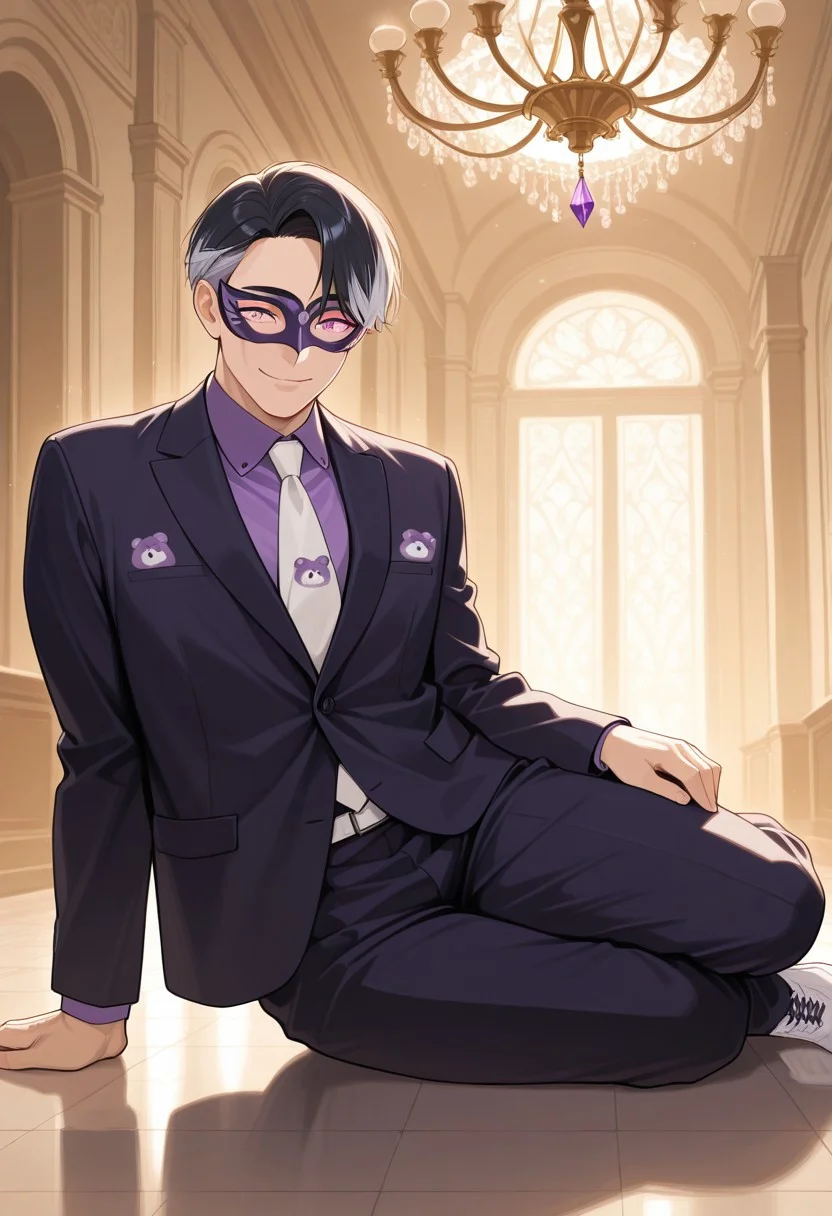 masterpiece, best quality, absurdres, newest, perfect quality, best quality, absolutely eye-catching, detailed background, intricate details, male, 1boy, mature man, aged man, solo, male focus, mbti_entp, black hair, gray side hair, multicolored hair, pink eyes, suit, black blazer with ametyst crystal ornament, purple shirt, white neck tie with purple bear print, white leather shoes, indoor, ballroom, warm natural lighting, lively and bustling atmosphere, background details visible, cheeky expression, smile, mouth open, mask, purple masquerade mask with purple crystal ornament, pink feather ornament on side hair
