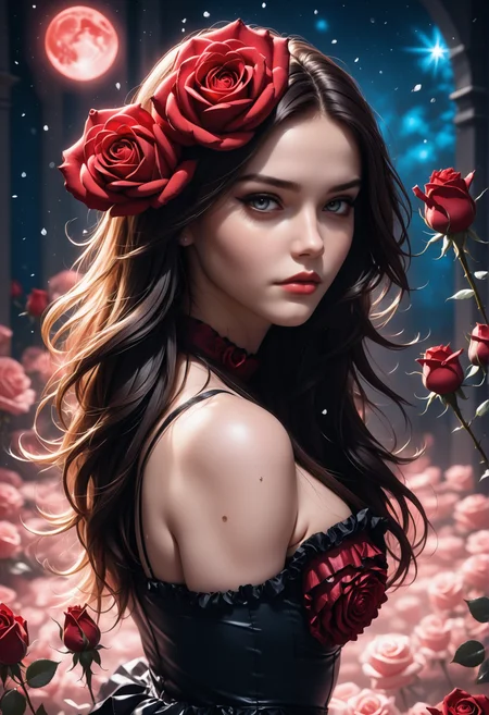 1woman is starleij, wearing a red ruffled dress with rose hair accessoire <lora:StarleijSDXL-000001:0.7>, red rose dress, icy blue eyes, freckles, ruffled choker with red roses flowers,, long wavy hair,, dress made out red roses made of pam-flwr <lora:SDXL_FLOWER_STYLE:0.9>, a reij-mg outdoor room, neon light  <lora:reij-moderngothic:0.8>, heijzel, <lora:HeijzelSDXL:0.75>, very seductive, red lips, sexy, selfconfident and cute looking to viewer, scenery detailed with red roses and stardust