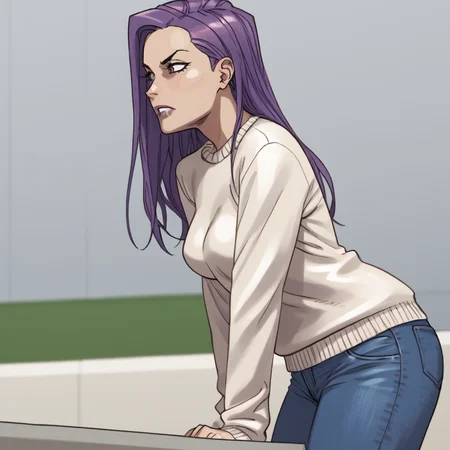 <lora:VampbladePurple_pony_v1:1>KatiePurple, 1girl, purple hair, long hair,  medium breasts, cowboy shot, sweater, jeans