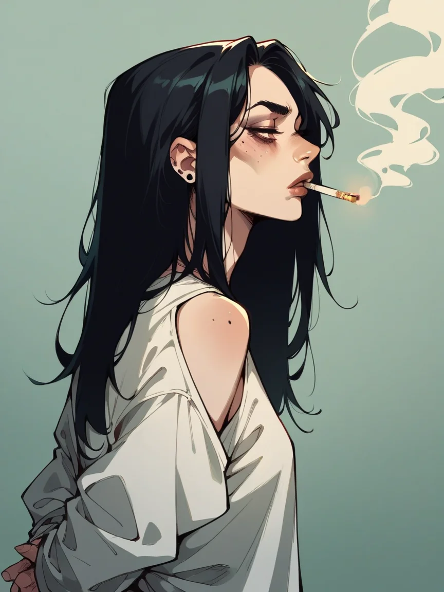 score_9, score_8_up, score_7_up, score_6_up, score_5_up, <lora:sm0k3XLP:0.8> sm0k3,cigarette, 1girl, black hair, smoking, arms behind back,