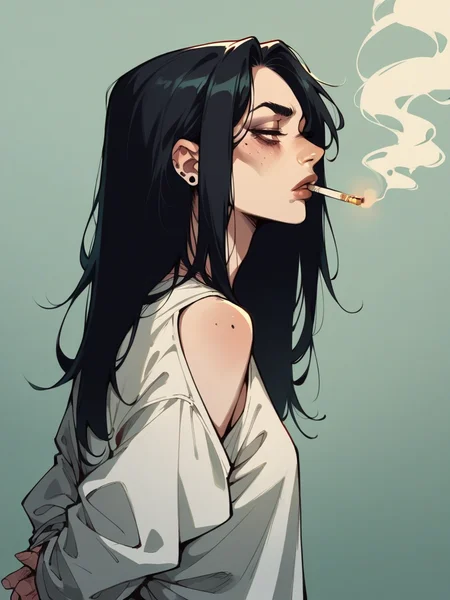 score_9, score_8_up, score_7_up, score_6_up, score_5_up, <lora:sm0k3XLP:0.8> sm0k3,cigarette, 1girl, black hair, smoking, arms behind back,