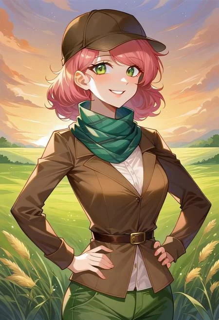 Masterpiece, High quality, OC, Female Adult woman, solo, 1girl, Detective woman, Short pink hair, Green eyes, brown Detective deerstalker hat, green scarf, Green Bikinis, Green Pants, Grassy field background, sunset, Arms on hips, soft happy face expression.