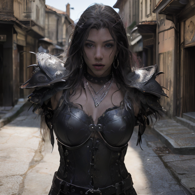 (masterpiece:1.2), (best quality,:1.2), 8k, HDR, ultra detailed, ((photorealistic)), professional light, cinematic lighting, fashion photography, ambient lighting, face lighting, Lara, <lora:Lara-10:1>, ((upper body shot)), earrings, choker, necklace, dark makeup, long and messy hair, dynamic pose, as female warrior wearing intricate armor and belt, fanam, <lora:Armor-10:0.75>, in a medieval street