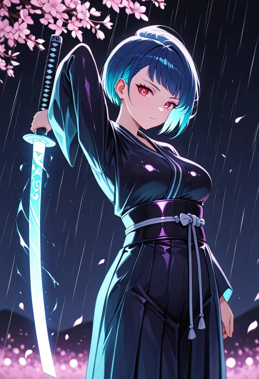 masterpiece, best quality, good quality, very aesthetic, absurdres, newest, 8K, depth of field, in the style of cknc, artist:moriimee, in the style of cksc,
1girl, short blue hair, shaved sides, red eyes, medium breasts, firm, armored kimono, glowing katana, glossy skin, striking pose, looking at viewer, from side
BREAK
neon-lit dojo, cherry blossoms, rain falling
BREAK
cool tones, neon glow, high contrast, reflective surfaces, rich details, intense atmosphere