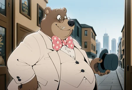 masterpiece, best quality, amazing quality, high resolution, absurdres, newest, Gr4fton,1boy, solo, smile, bear, no humans, polka dot bowtie, holding hat, shoes, furry male, formal suit, glasses, white moustache, fat, upper body, city <lora:Grafton_the_Lawyer_Alfred_J_Kwak:.8>  <lora:NOOB_vp1_detailer_by_volnovik_v1:1>