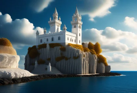 a (white stonework castle) on a (rock spire) in a bay, (stone pier, Mole, Jetty), battlement, crenellations, Machicolations, rough sea, blue sky, clouds, sun beams, best quality, high Contrast, masterpiece, realistic, photo-realistic, amazing, finely detail, ultra-detailed, highres, extremely detailed, 8k wallpaper, wizz style