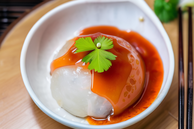 A bowl of  Mizushingen Mochi.thick tomato sauce.thick congee.plenty of coriander,stuffed   <lora:bahuana:0.6>,bahuana,