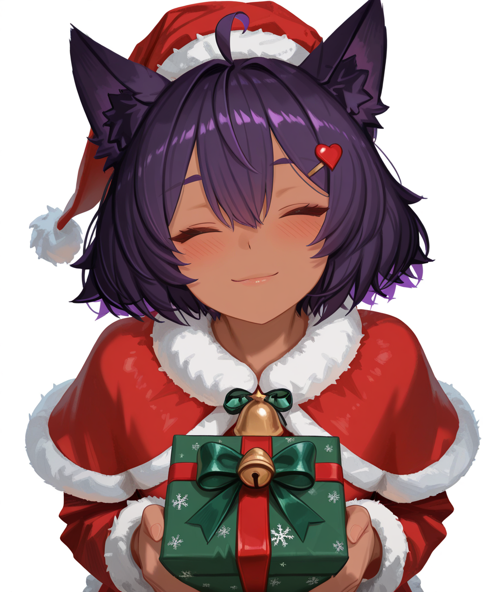 <lora:yan_kodiac:1> yan_kodiac,
(masterpiece), (best quality), (ultra-detailed), amazing quality, very aesthetic, illustration, perfect composition, intricate details, absurdres, incredibly absurdres, shiny skin, realistic,
 yan_kodiac, 1girl, closed eyes, solo, santa hat, animal ears, hat, smile, fur trim, gift, skinned female, red capelet, hair ornament, capelet, facing viewer, dark skin, purple hair, white background, simple background, bell, , ahoge, blush, virtual youtuber,  gift, heart hair ornament, red headwear, short hair, santa costume, christmas, heart, trimmed capelet, box, upper body, gift box, hair between eyes, trimmed headwear, dress, long sleeves, general