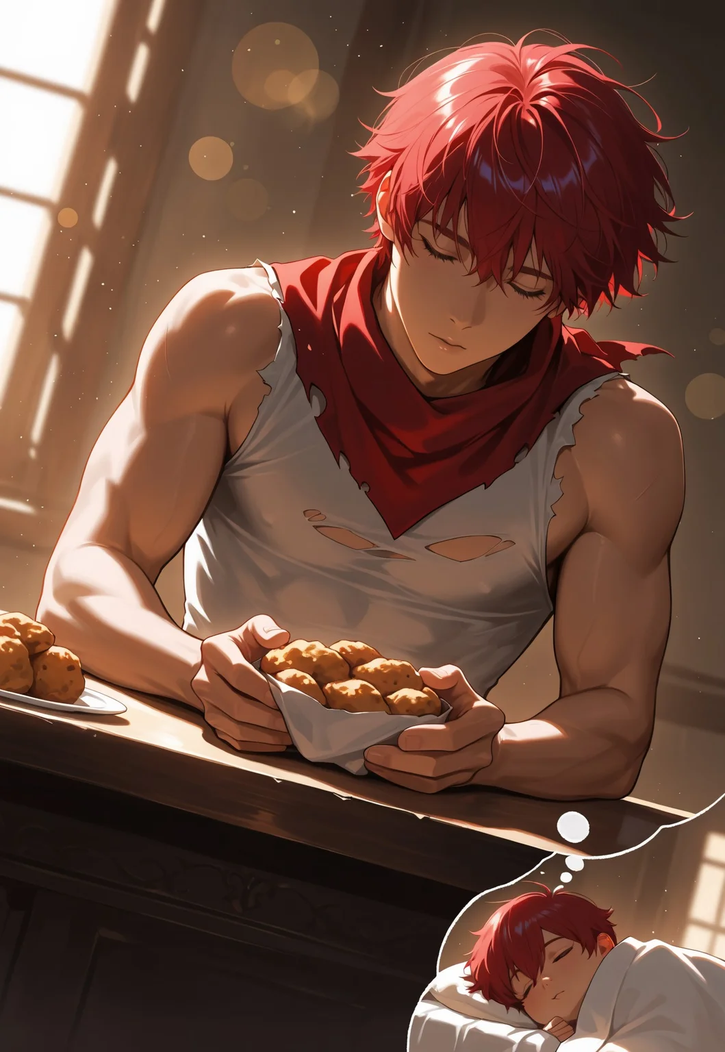 masterpiece, high quality, best quality, very aesthetic, absurdres, extremely detailed, realistic, volumetric lighting, (male focus, gay, male only), dynamic pose, dynamic angle,, 1boy, portrait, shallow depth of field, bokeh, knight, red vignette, dutch angle, torn clothes, red neckerchief, toned male, blowing hair, meditation, dreaming, dreaming of, sleeping, sitting, head on desk, dreaming of chicken nuggets, food