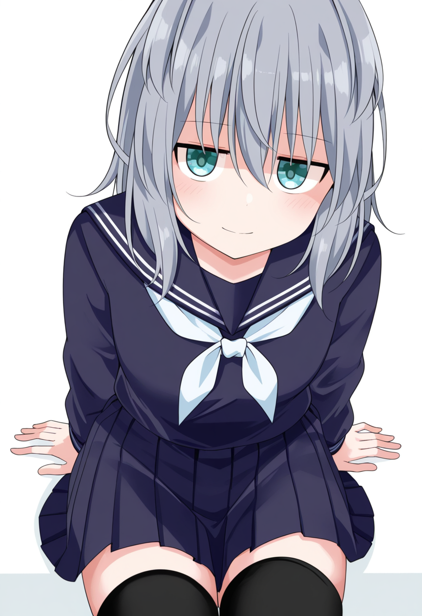 wakaru_kouhai_chan, , grey hair, aqua eyes, medium hair, jitome, 
serafuku, school uniform, pleated skirt, ,zettai ryouiki, black thighhighs,  
 <lora:wakaru_kouhai_chan_Illustrious-XL-2.0-v1:1>, masterpiece,best quality,amazing quality, solo,1girl,, sitting, (dynamic_pose),
 blush,closed mouth,light smile, 
looking at viewer,cowboy shot,
(white background,  )