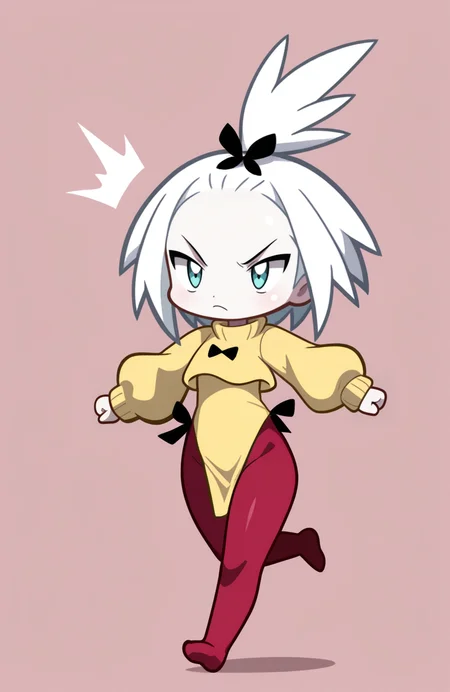 1girl, solo, full body,
roxie \(pokemon\), white hair, pale skin, black ribbon-trimmed sweater, long sleeves, yellow dress, highleg dress, red high-waist pantyhose, no shoes,
<lora:ShantaeChibi:1> shntchibi, petite, chibi, running, extremely detailed, highres, masterpiece, best quality