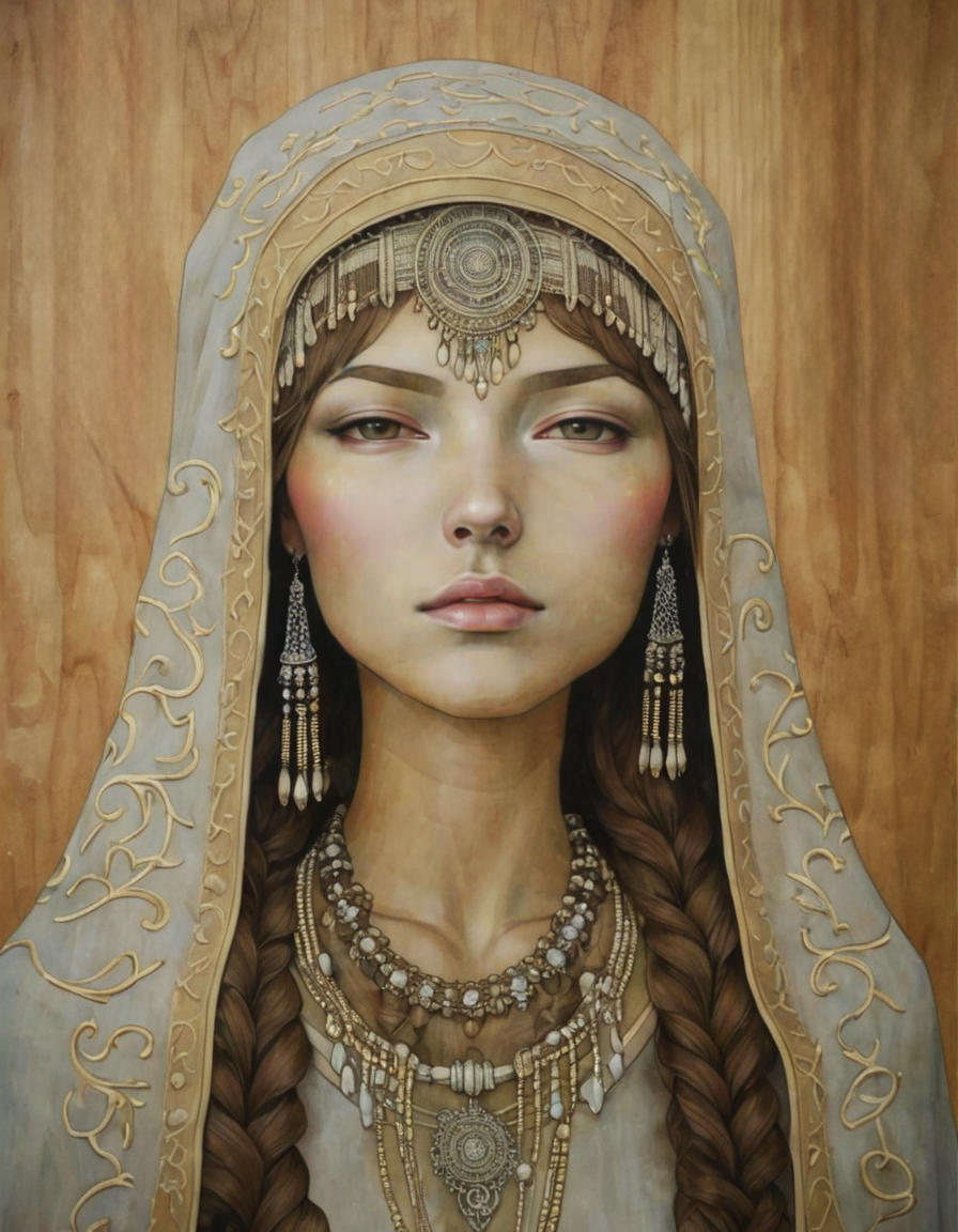 <lora:auka:0.6>auka, girl, halo, hood with design and jewelry, necklaces, painted on wood background