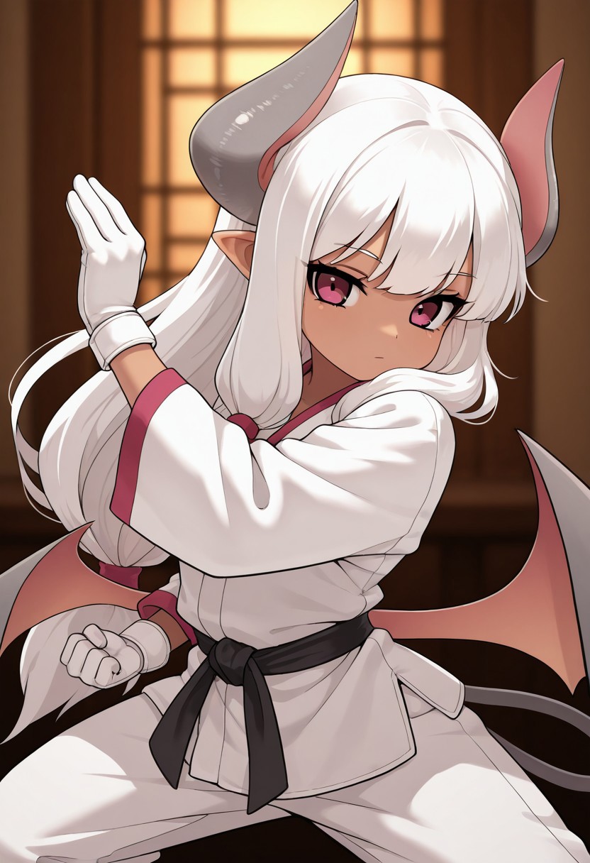 1girl, solo, Rumi, white hair, sidelocks, long hair, low tied, imp girl, demon girl, pink eyes, low wings, bat wings, demon tail, pointy ears, horns, dark skin, white gloves, expressionless, looking at viewer, dynamic pose, karate, fighting pose, martial arts, karate dogi, 
masterpiece, best quality,amazing quality, very aesthetic, absurdres, depth of field, blurry background, dark, extremely detailed face, detailed eyes, dark colors