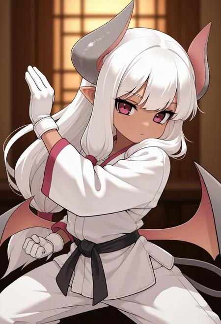 1girl, solo, Rumi, white hair, sidelocks, long hair, low tied, imp girl, demon girl, pink eyes, low wings, bat wings, demon tail, pointy ears, horns, dark skin, white gloves, expressionless, looking at viewer, dynamic pose, karate, fighting pose, martial arts, karate dogi,
masterpiece, best quality,amazing quality, very aesthetic, absurdres, depth of field, blurry background, dark, extremely detailed face, detailed eyes, dark colors