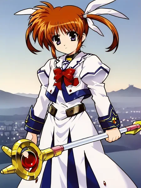 <lora:Nanoha_Takamachipony:1>
1girl, solo, takanano, magical girl, brown hair, twintails, purple eyes, standing, city, holding, staff, serious