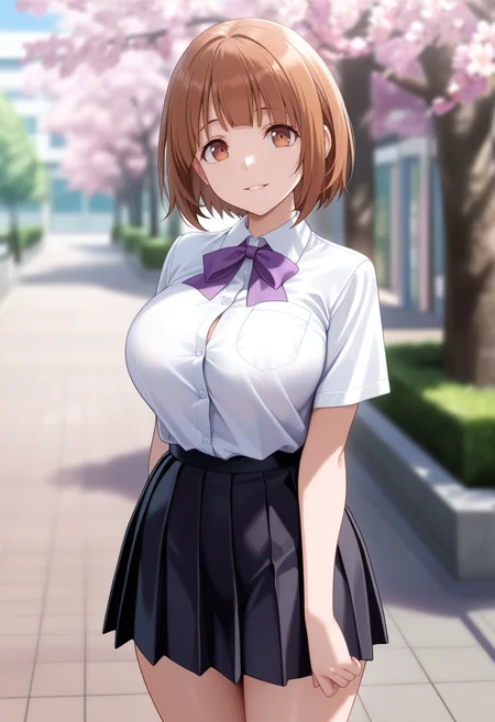 masterpiece, best quality, amazing quality,arino yayoi, brown eyes, brown hair, short hair, mature female, 1girl, breasts,solo, large breasts,school uniform,pleated skirt,white shirt, black skirt, purple bow,short sleeves, parted lips, light smile, standing, looking at viewer, cowboy shot, blurry background, outdoors, school, cherry blossoms<lora:arino yayoiV1:1>