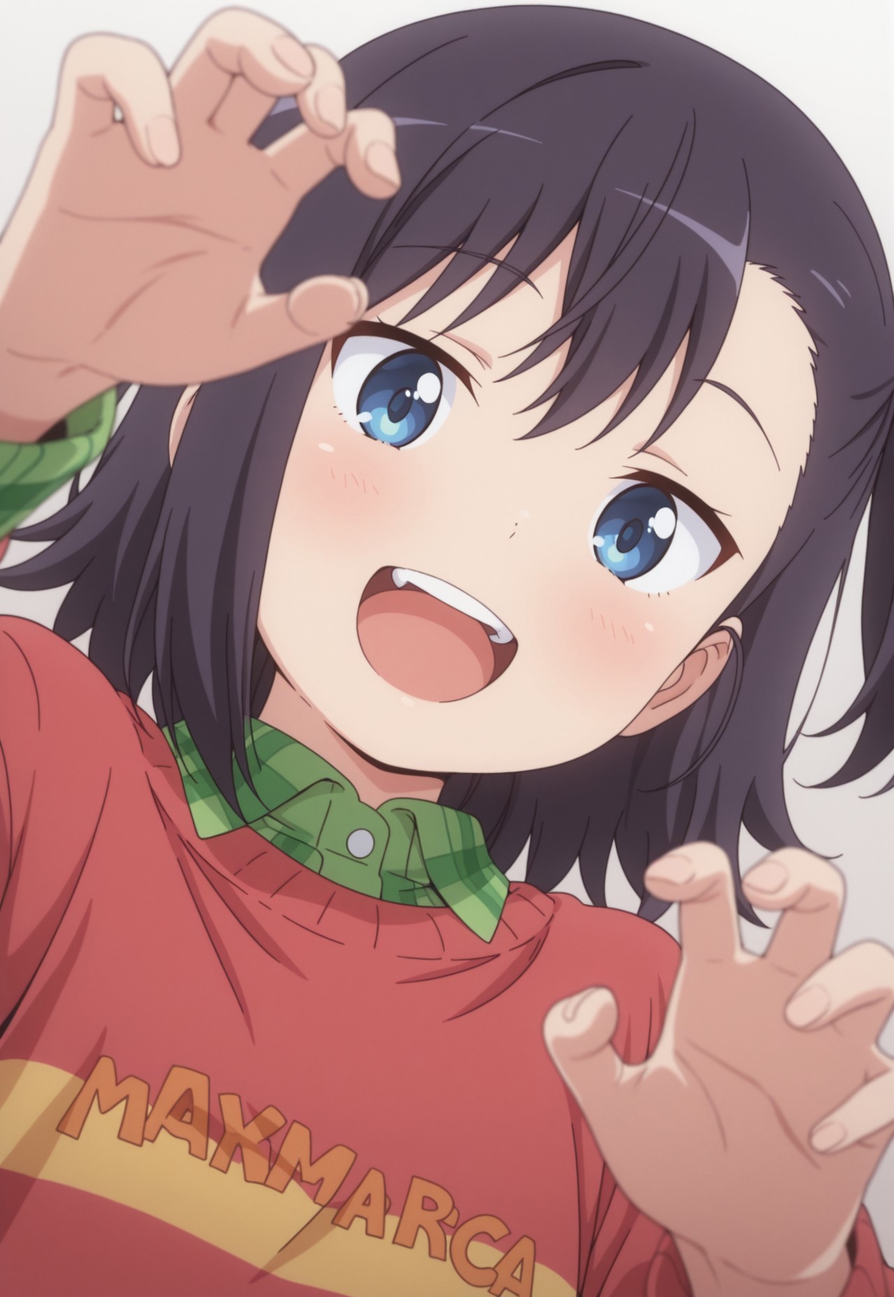 masterpiece, best quality, amazing quality, general, simple background, white background, 

blue eyes, black hair, medium hair, one side up, red hairtie, red sweater, yellow stripe sweater, clothes writing, green plaid collared shirt, blue pants, pink socks, 

1girl, upper body, from below, looking at viewer, smile, open mouth, teeth, hands up, claw pose
